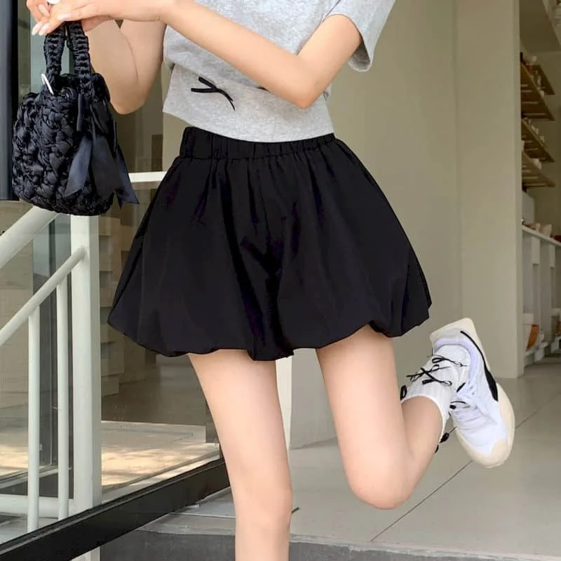 Pantaloncini da donna eleganti boccioli di fiori larghi a trapezio pantaloncini soffici a gamba larga pantaloni lanterna in vita elastica abbigliamento donna stile coreano