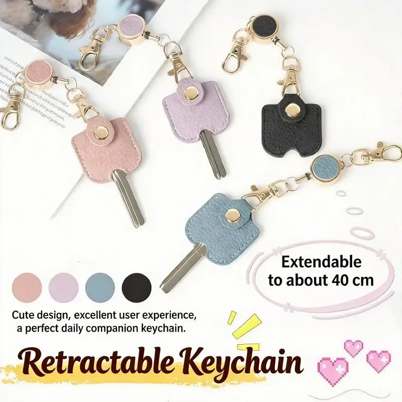 Women Retractable Faux‑Leather Keychain, 11.81‑Inch Anti‑Lost Key Holder with Golden Clasp, Portable Keyring, 3 Colors Available