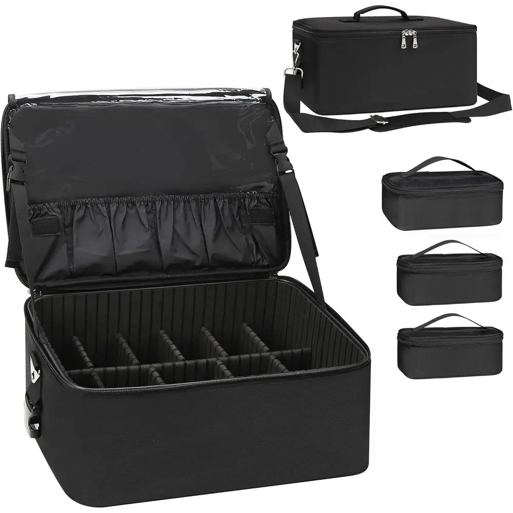 

Makeup Bag Large Makeup Case Professional Cosmetic Storage Organizer Box Brush Holder with 3 Clear Set Bags for Makeup A