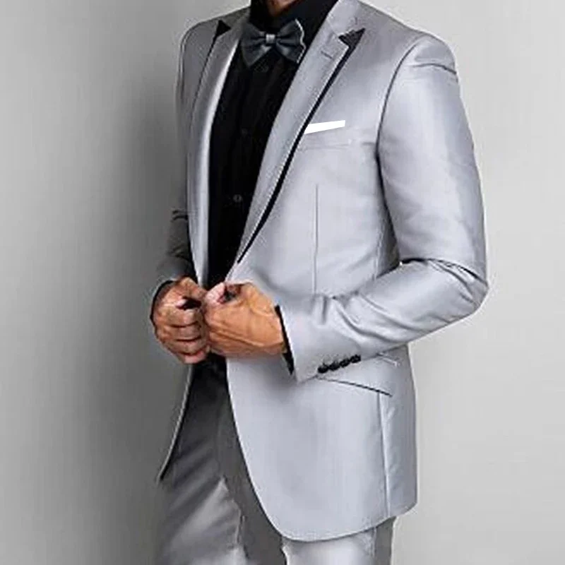 2024 Grey Satin Formal Wedding Elegant Men Suit Groom Tuxedo Prom Blazer Hombre High Quality Custom 2 Piece Set Costume Homme