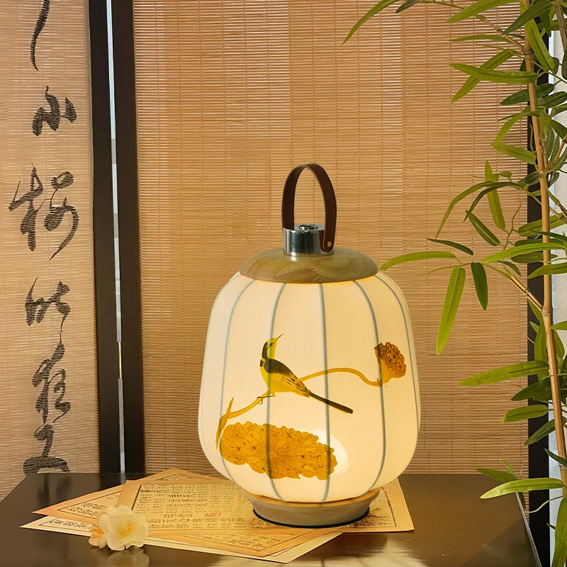Retro Lantern Portable Rechargeable LED Tabla Lamp Printing Fabric Lampshade Living Room Bedroom Restaurant Tea House Desk Light