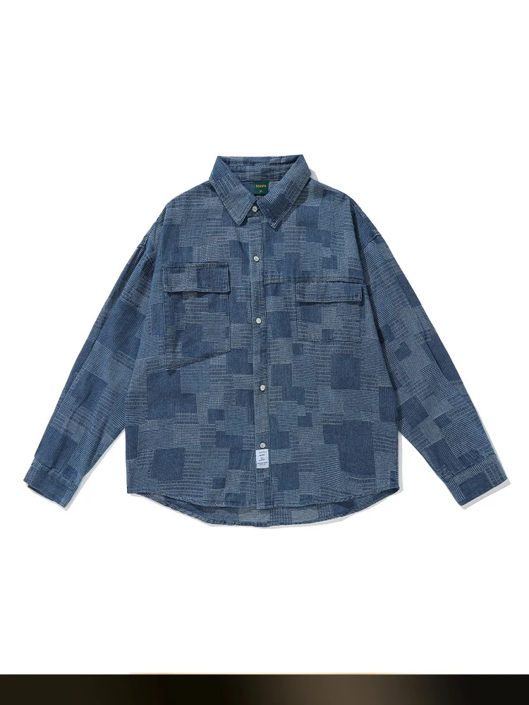 

Retro Ethnic Plaid Denim Shirt Casual Spring New BF Style Couple Loose Fit Cotton Polyester Long Sleeve Button up Shirt