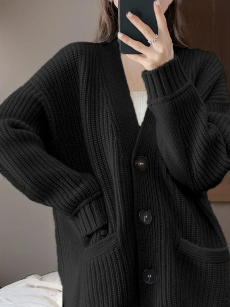 Knitted V Neck Women's Cardigans Sweater Casual Single Breasted Loose Long Sleeve With Pocket Coat Korean Fashion Autumn Winter