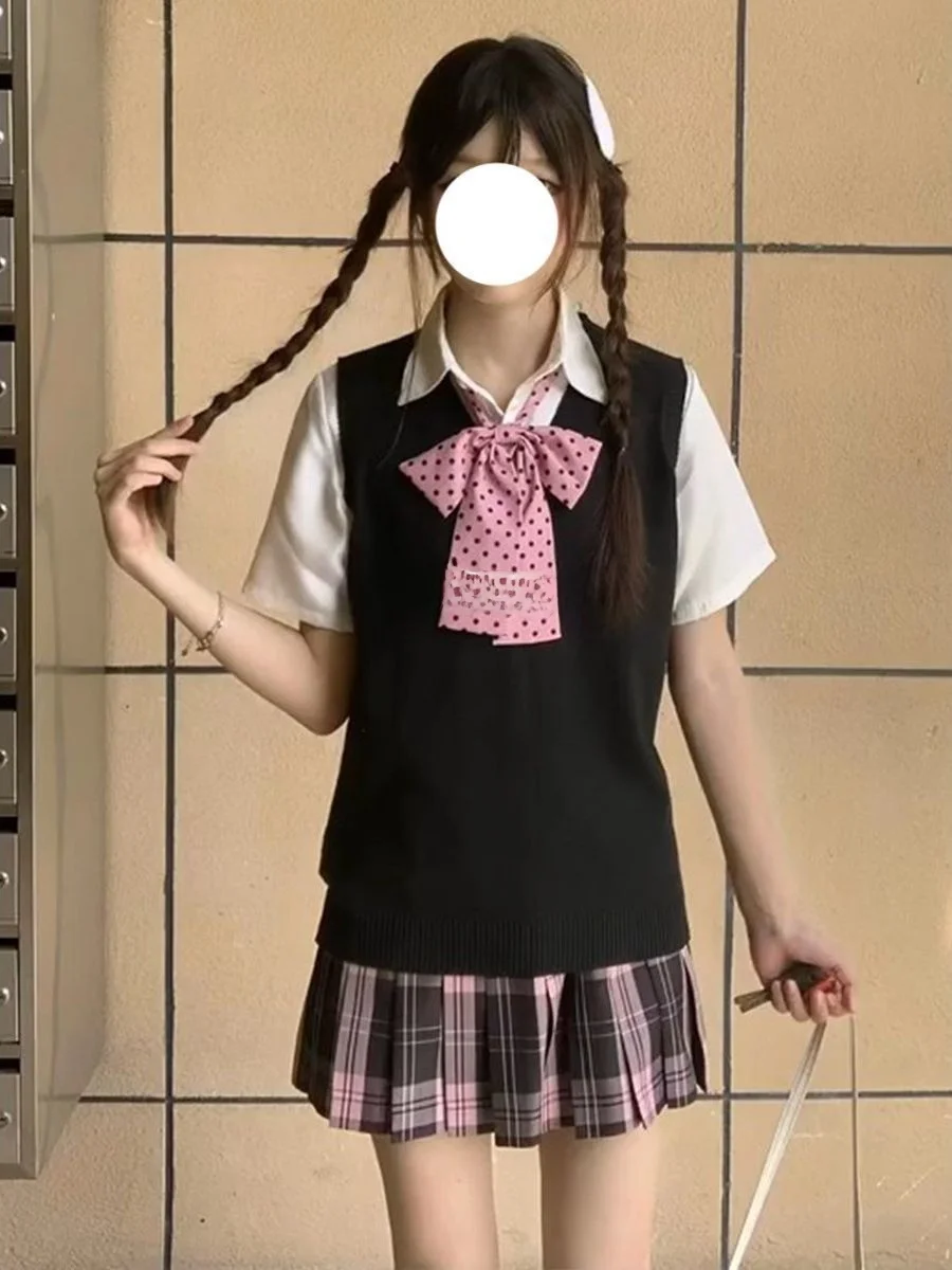 Preppy Style College Girl's Plaid Skirt Set with Knitted Vest Top Layered Clothing Breathable Polyester Fabric Four-Piece Set