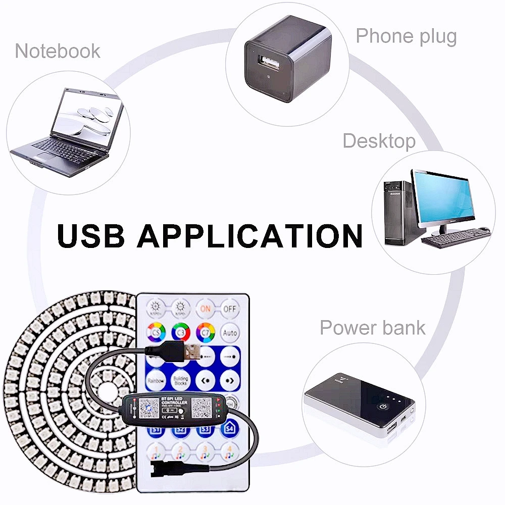 WS2812B Led Ring Individually Addressable 5050RGB With USB 28Keys Bluetooth Music Controller Kit BuiIt-in 8/16/24/35/45 Pixels