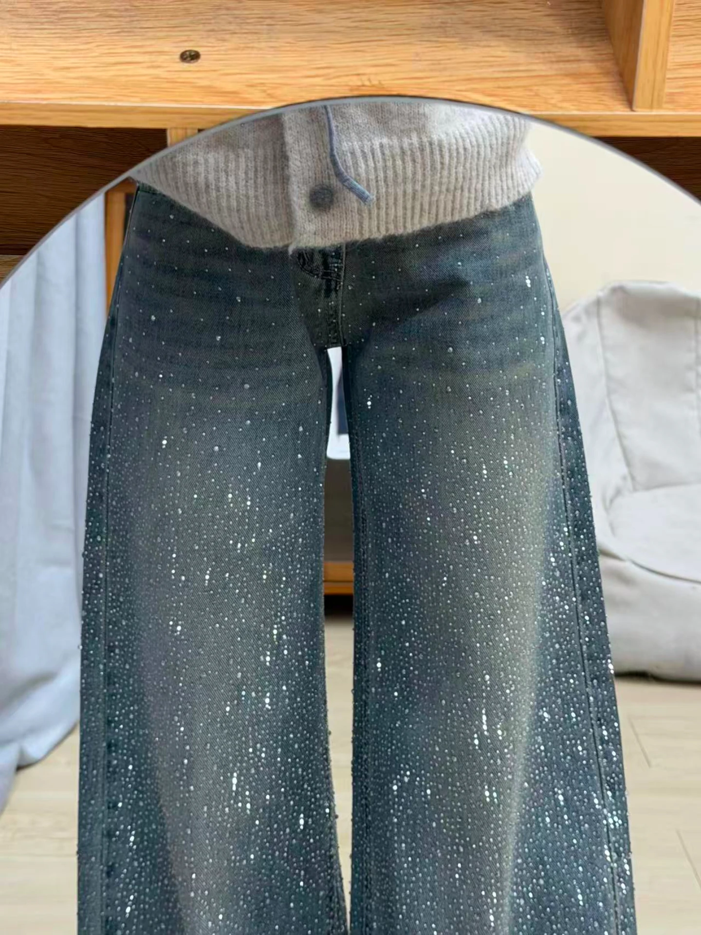 Shiny Rhinestone Embellished Loose Fit Wide Leg Jeans Women's High Waist Coated Denim Spring Season Non-Stretch Chinese Origin