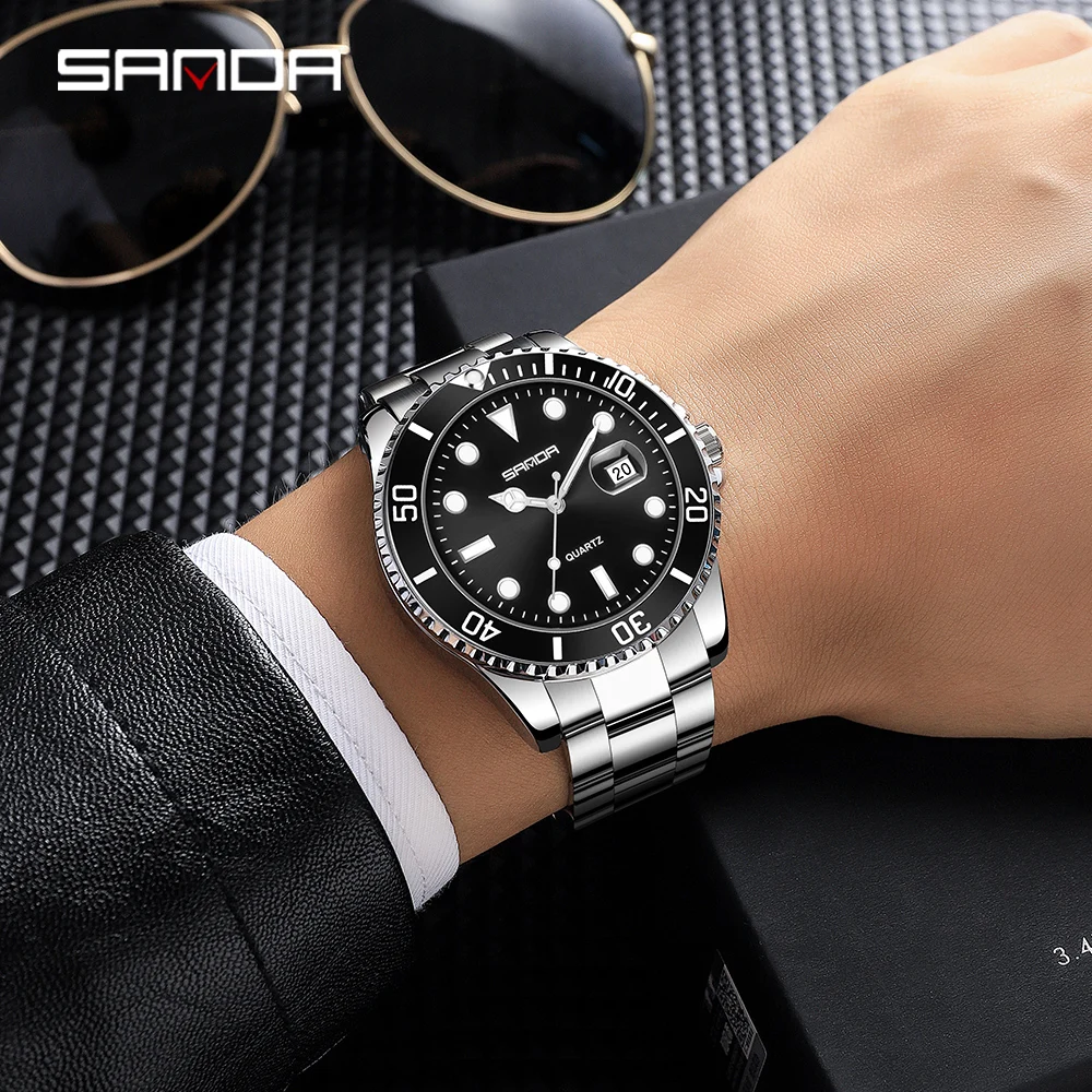 Fashion Sanda Top Brand Men Calendar Quartz For Man Business Green Clock Luxury Full Stainless Steel Wrist Watches