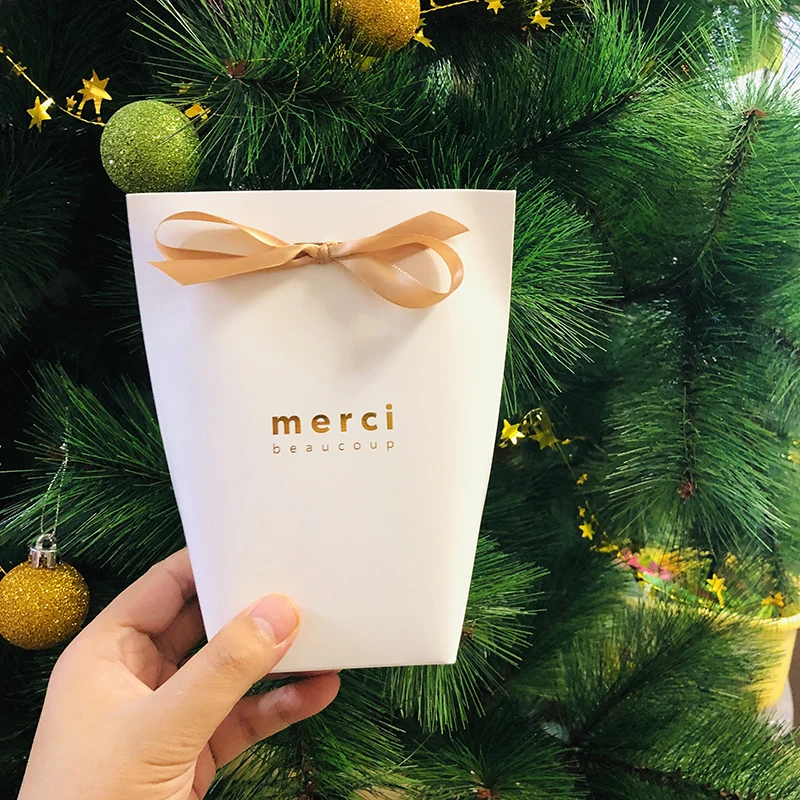 10 Sets de Cajas de Dulces Merci Bronceadas, Bolsas de Regalo de Agradecimiento con Cinta, Cajas para Golosinas de Chocolate para Recuerdos de Boda y Decoración de Fiestas
