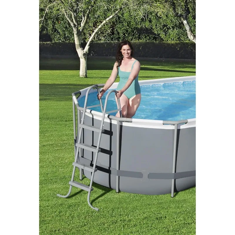 Conjunto de piscina externa acima do solo com estrutura de metal oval de 18' x 9' x 48" com bomba de filtro de 1500 GPH, escada e cobertura de piscina