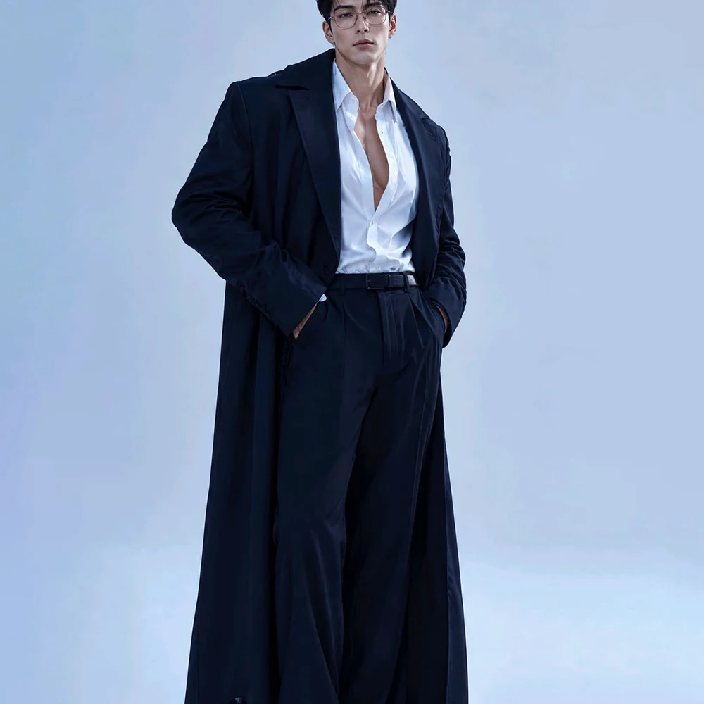 Classic Elegant Men Blazer Suit Dark Blue Overcoat Matching Trousers Minimalist Fashion Look Business Casual Long Jacket Set