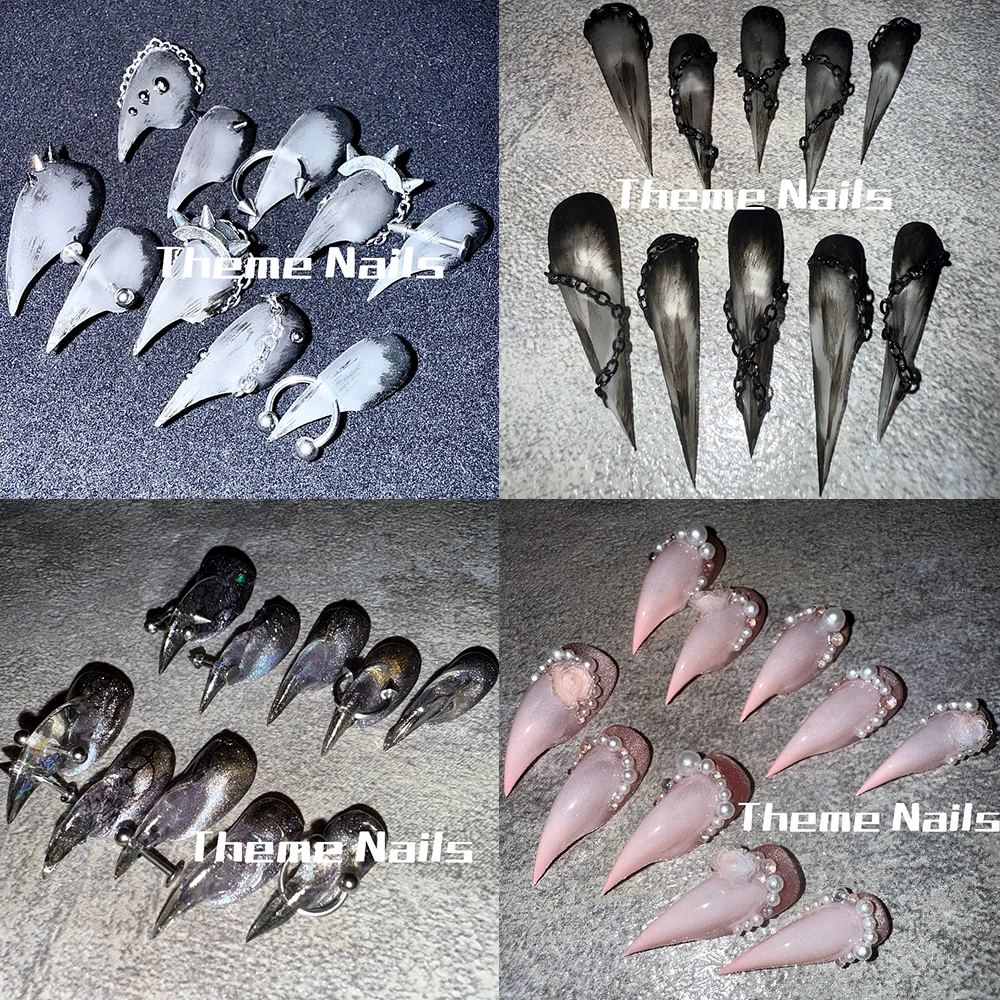 

Dark Spice Girl Long Dragon Shape Claw Handmade Detachable Fake Nails Metal Bowknot Rivets Pearl Flower Cat Eyes Press On Nails