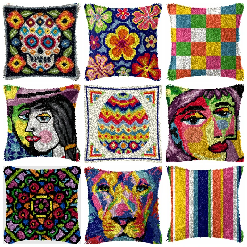 

Retro literary series Latch Hook Pillow Coarse Wool Hand Knitted Cross Stitch Latch Hook Kit Colorful Grid Embroidery Kits