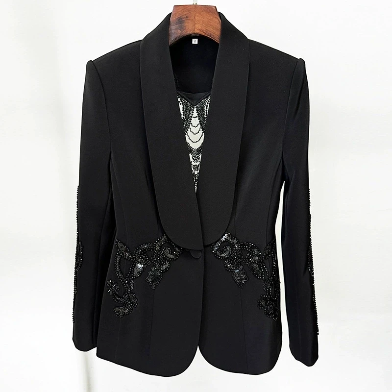 Spring New Women's Fashionable Temperament Commuting Mesh Splicing Heavy Industry Nail Bead Suit Jacket+Chiffon Pants Set