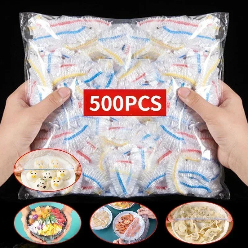 50/100/200/300/500 buah penutup film lengket kelas makanan sekali pakai dengan mulut elastis untuk pengawet penyimpanan sayuran dan buah