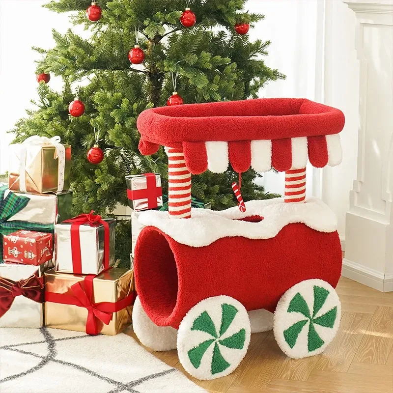 Christmas Train C-at Tree All-Season Warm Climbing Frame Snuggle Nest and Play Toy