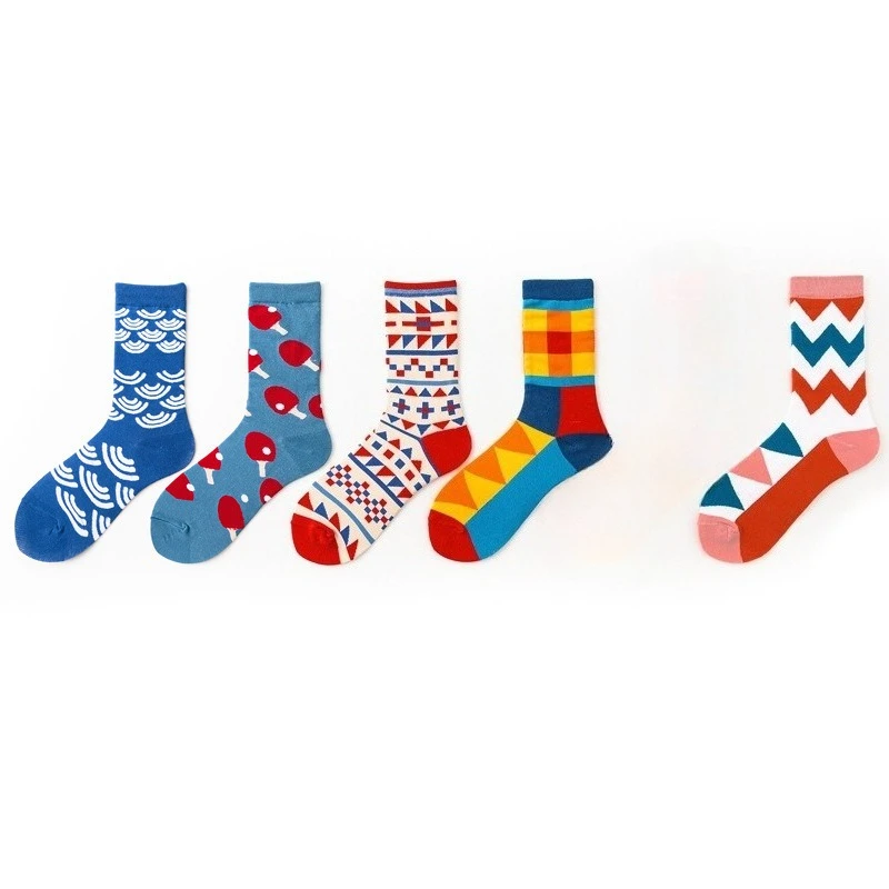 

5 пар модных осенне-зимних носков средней длины с геометрическим контрастным узором, повседневные, удобные, универсальные