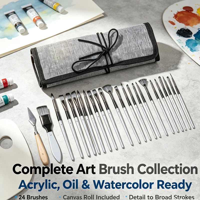 24 Pc Acrylic Paint Brush Set Enhanced Synthetic Brush with Cloth Roll and Palette Knife for Oil Watercolor Art School Supplies