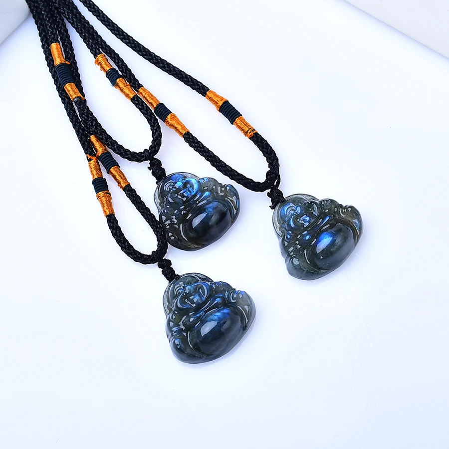 1PC Natural labradorite Maitreya Buddha Statue Pendant Random Crystal Healing Stone Carving Gemstone Crafts Home Decor DIY Gift view 2