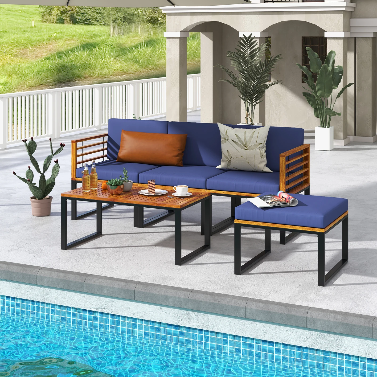 5 Piece Patio Chair Set, Acacia Wood Chair Set with Ottoman & Coffee Table