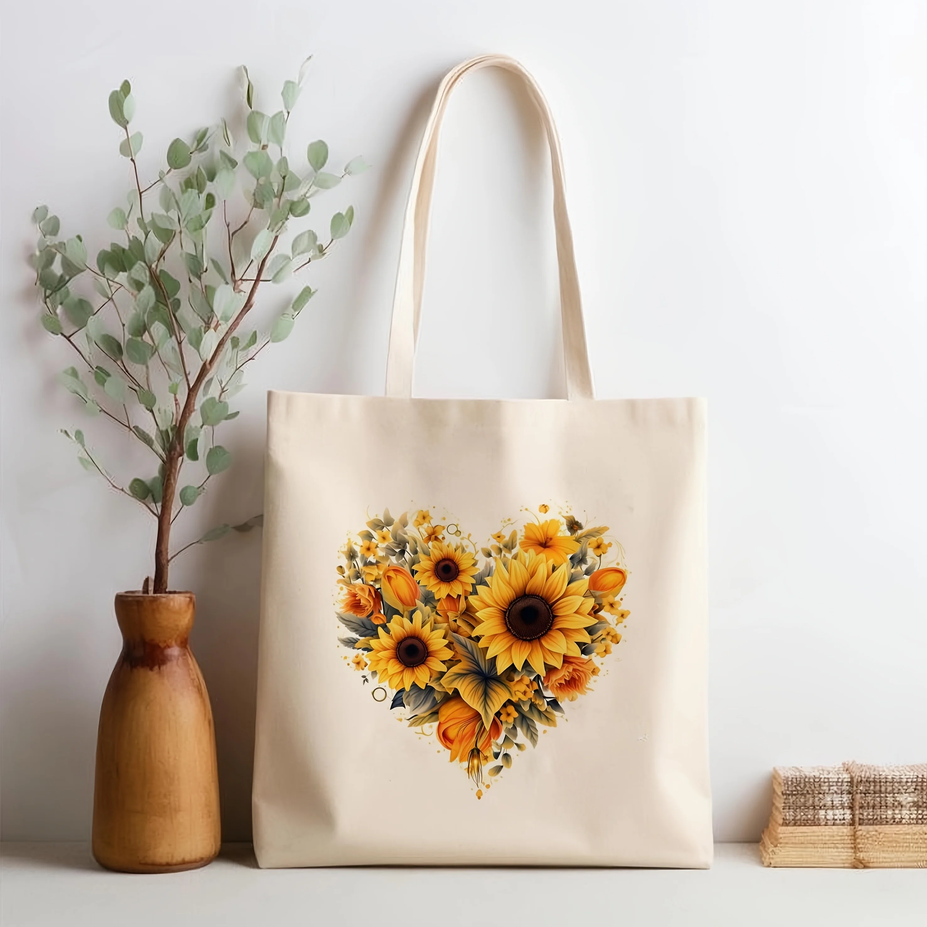 Vintage Sunflower Heart Canvas Tote Bag Floral Print Reusable Grocery Bag Aesthetic Shoulder Bag For Her