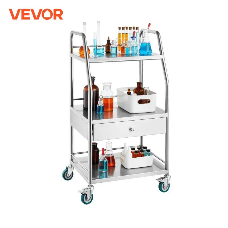 

VEVOR Lab Serving Cart 3 Layers Stainless Steel Utility Rolling Cart with A Drawer Medical Cart with Lockable Wheel for Dental