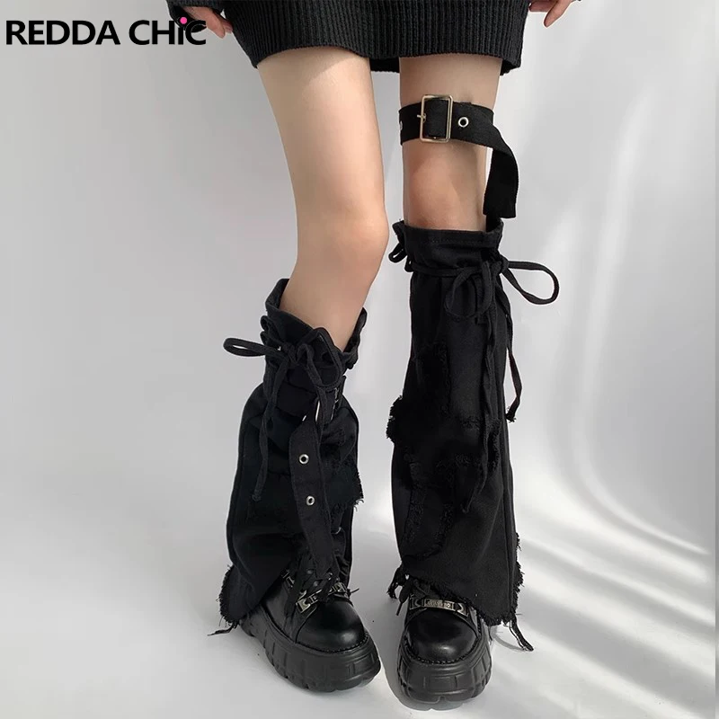 REDDACHiC Stitch Cross Star Girl Y2k Long Socks Women's Leg Warmers Grayu Goth Lolita Knee-high Bandage Solid Denim Boots Cover