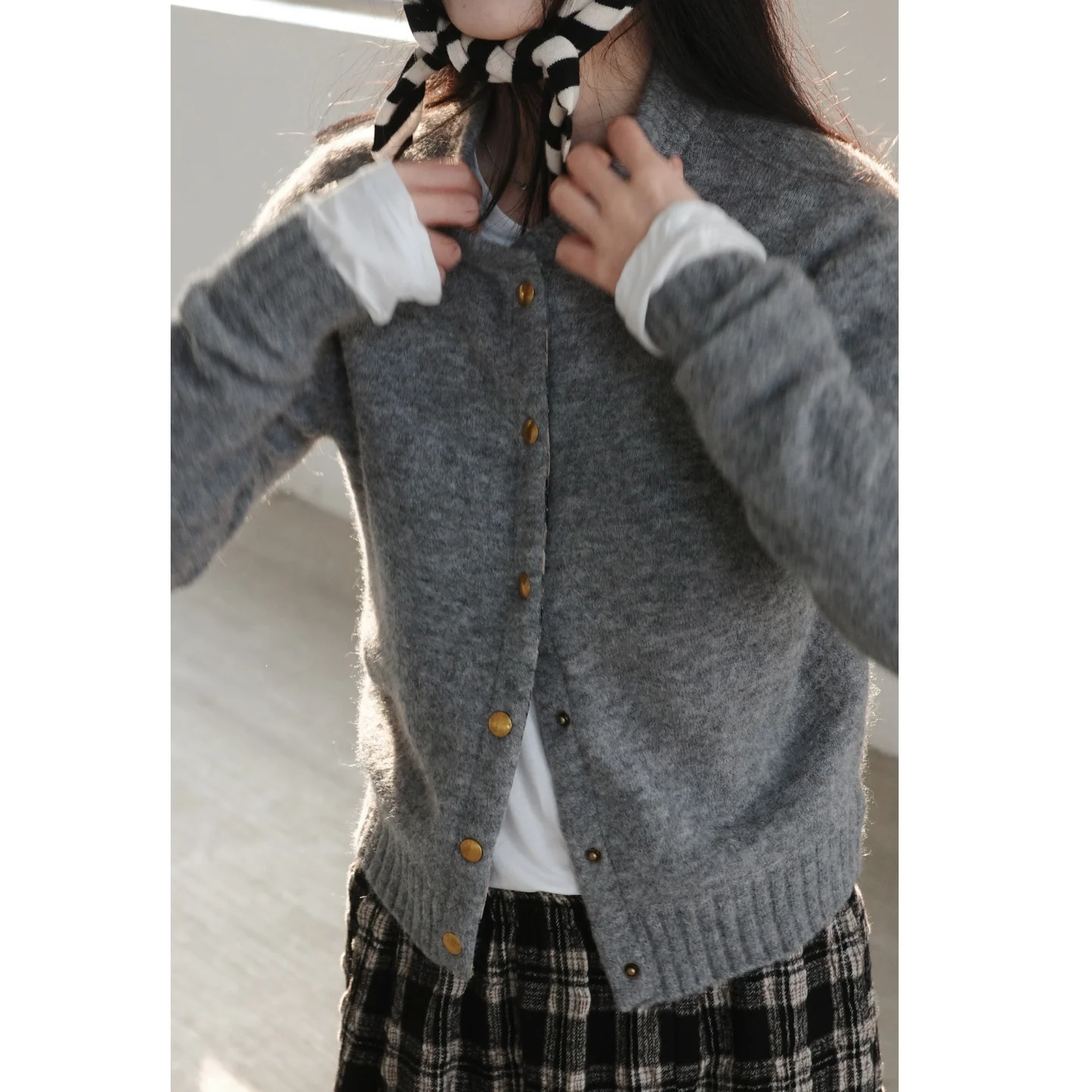 

Милый вязаный кардиган однотонного цвета с круглым вырезом, длинный рукав, накидка-пальто, женская осенняя мода