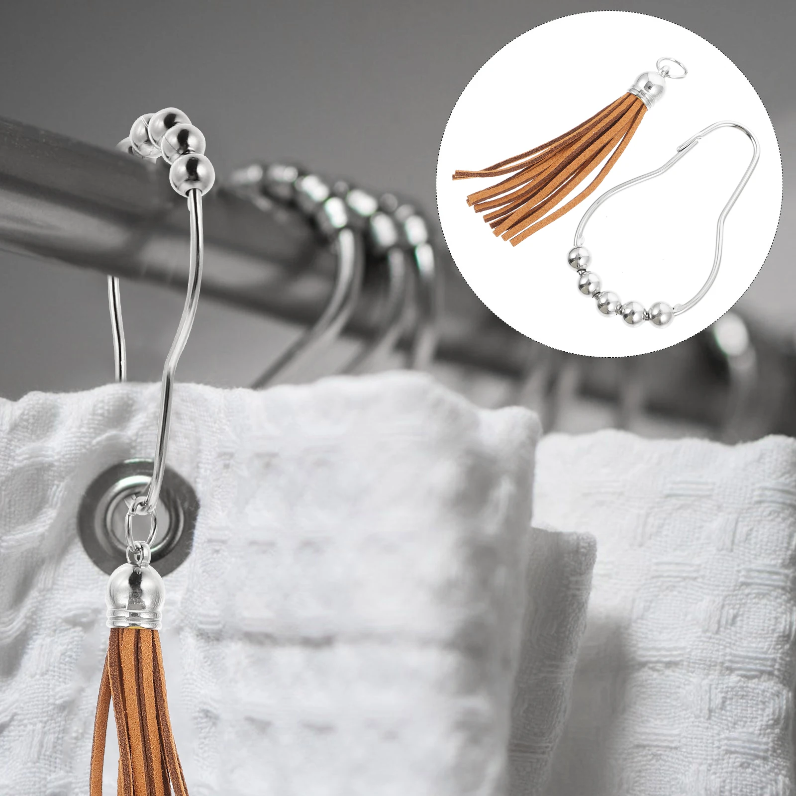 

12 Pcs Shower Curtain Hooks Stainless Steel Tassel Decor Bathroom Bead Hooks Creative Hanging Home Accessories Space Saving
