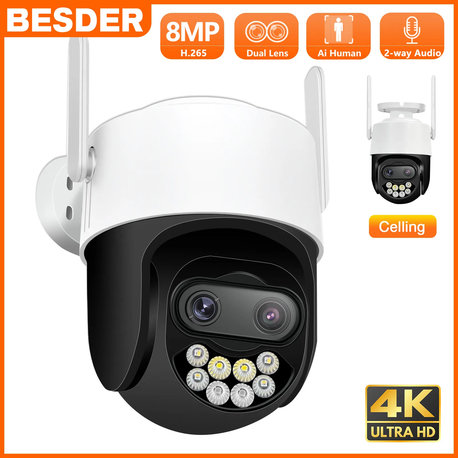 

BESDER 8MP 4K Dual Lens PTZ IP Camera WiFi 8X Digital Zoom Ai Human Detect 4MP Wireless Outdoor CCTV Video Surveillance Camera