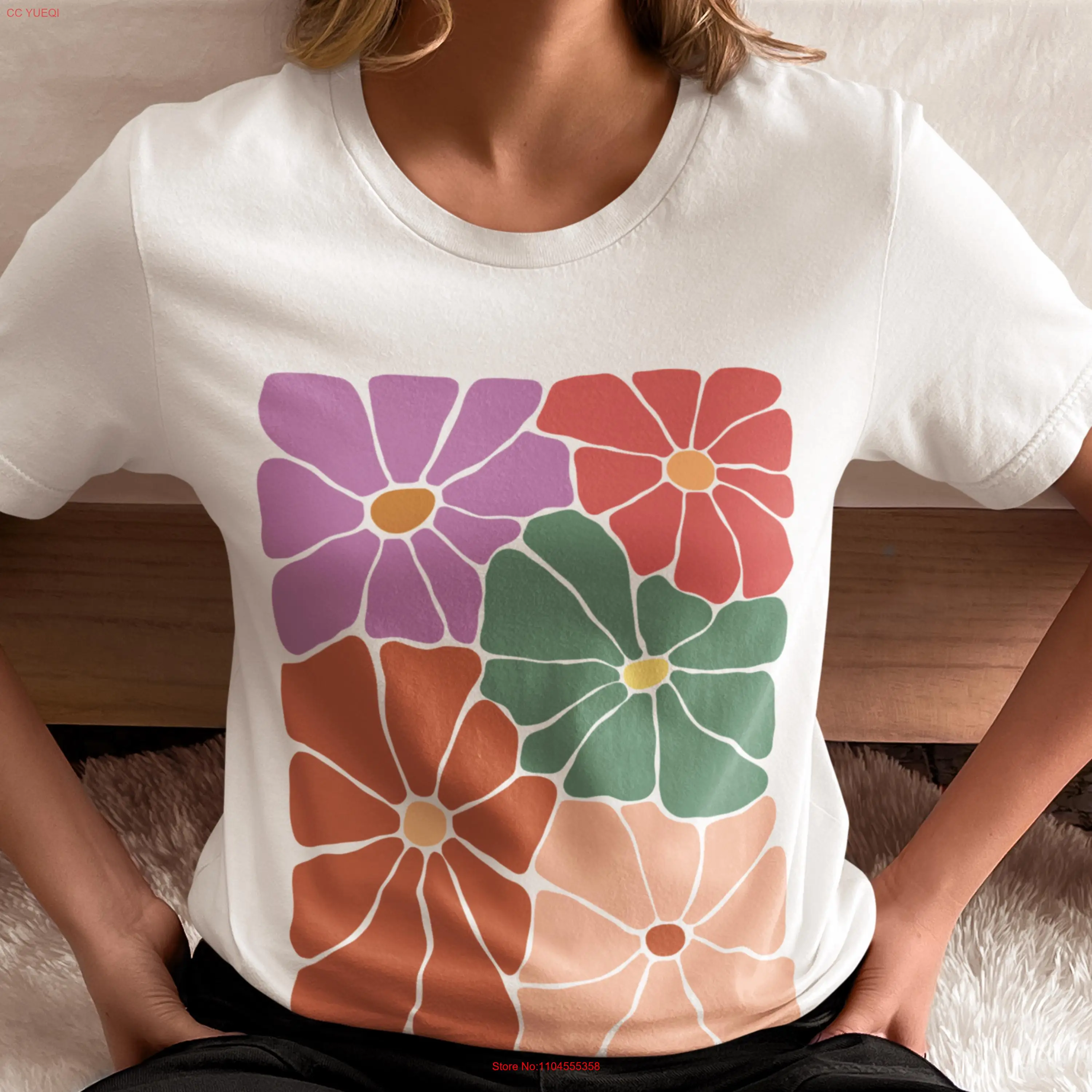 花柄 T シャツ花カラフルな植物芸術的なガーデン トップ綿長袖または半袖