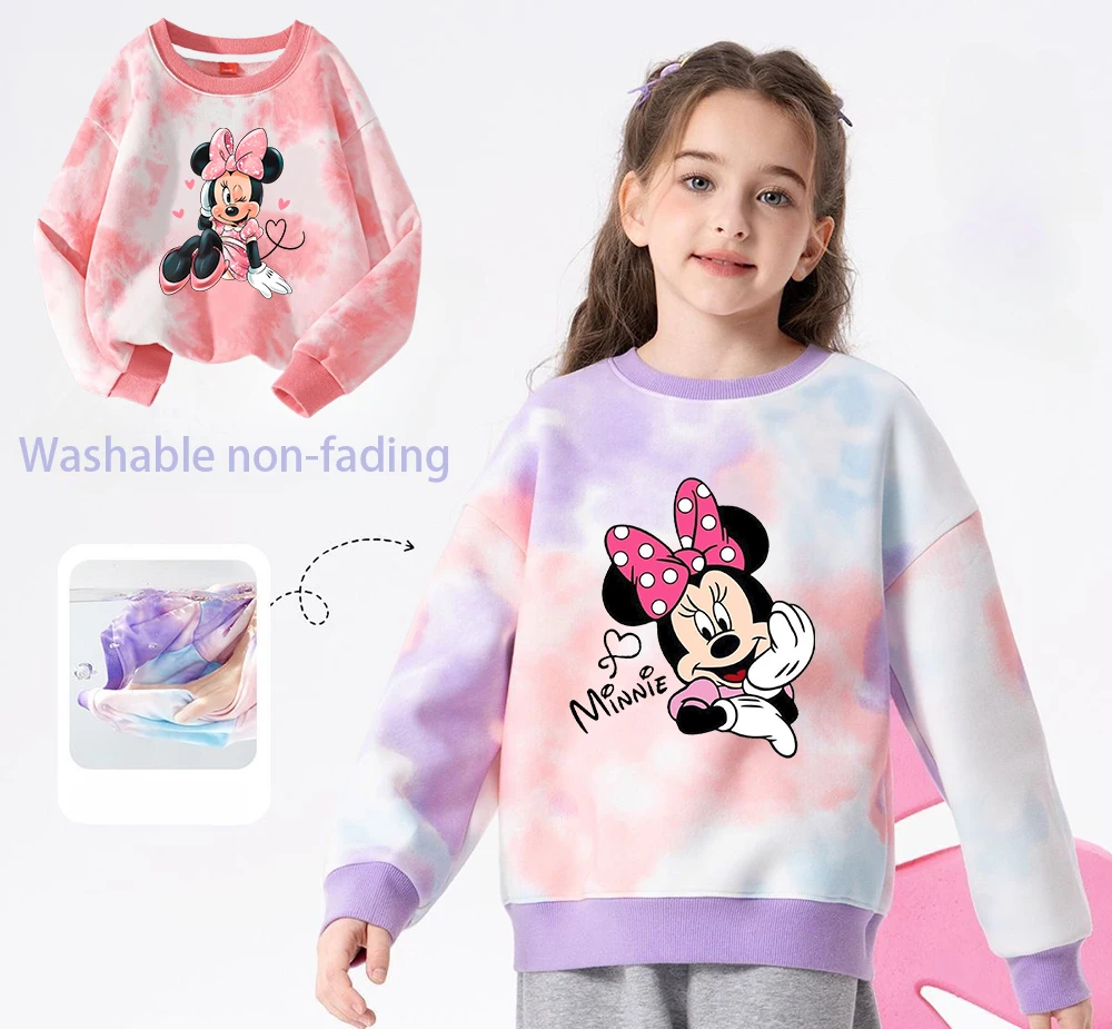 

Толстовка с Микки и Минни для девочек, розовый, фиолетовый, пуловер с круглым вырезом, детская спортивная одежда, детские осенние топы с длинными рукавами и героями мультфильмов