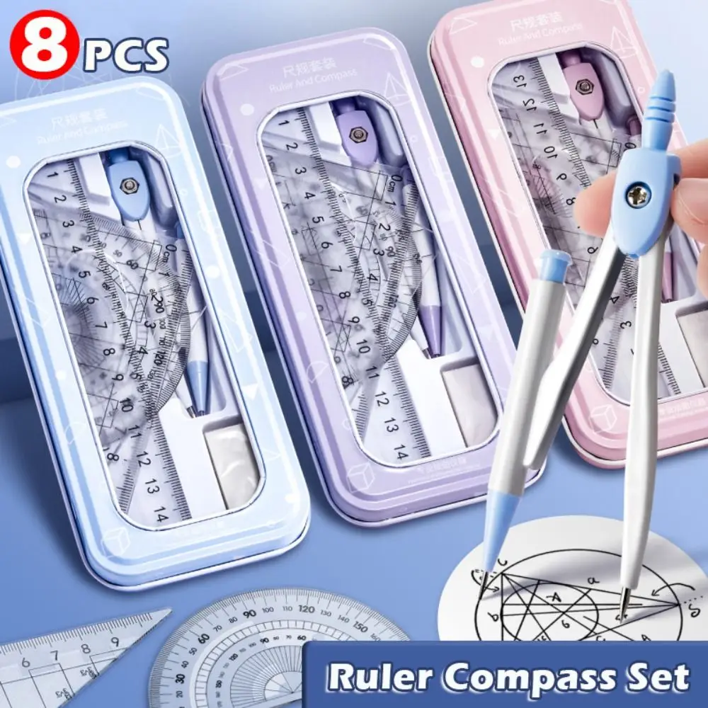 8PCS/Set Plastic Ruler Compasses Set Eraser Straight Ruler Protractor Transparent Set Square Measuring Ruler School Office