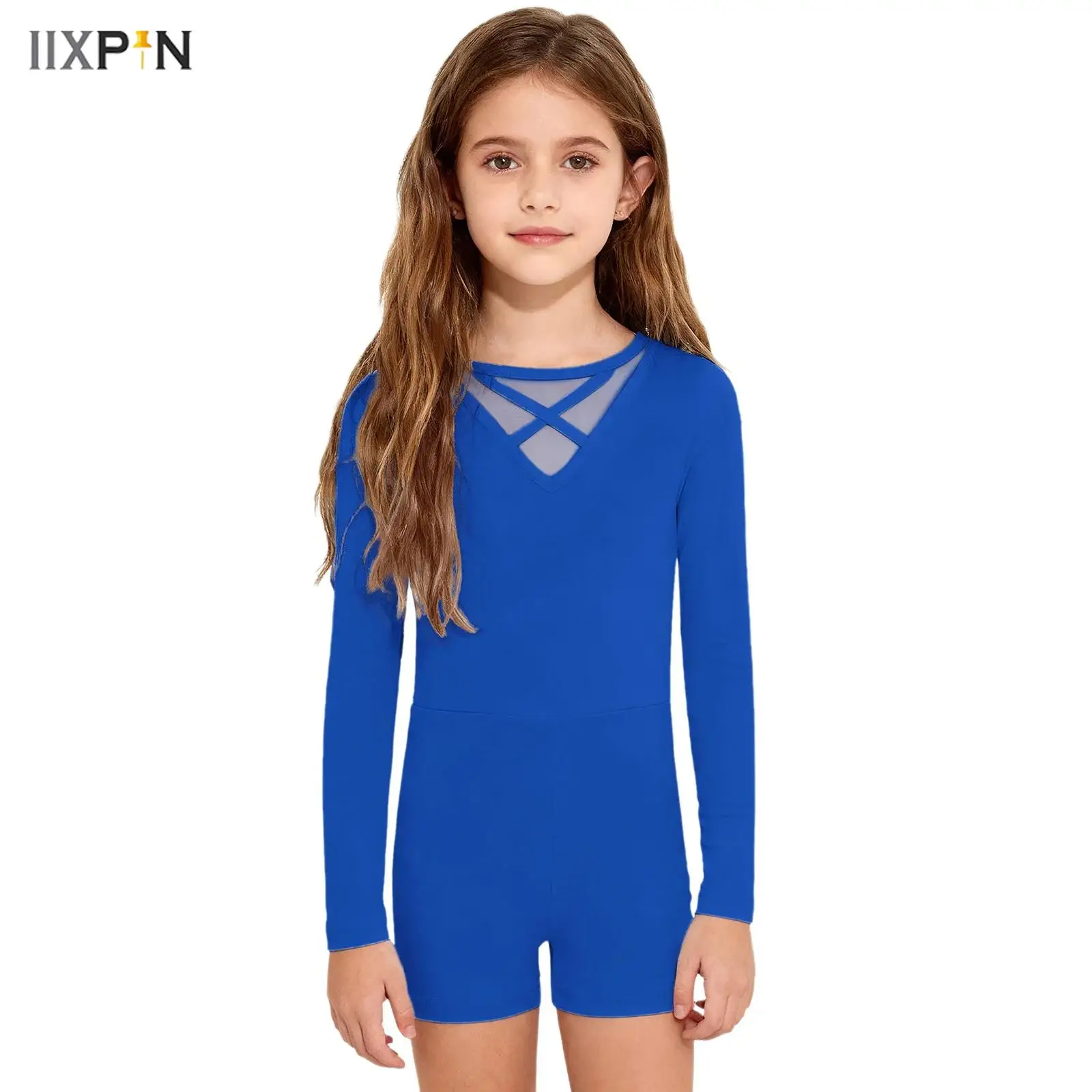 

Kids Girls Ballet Dance Gymnastics Bodysuit Rompers Long Sleeves Sheer Mesh Cross Front Back Jumpsuit Ballet Practice Dancewear