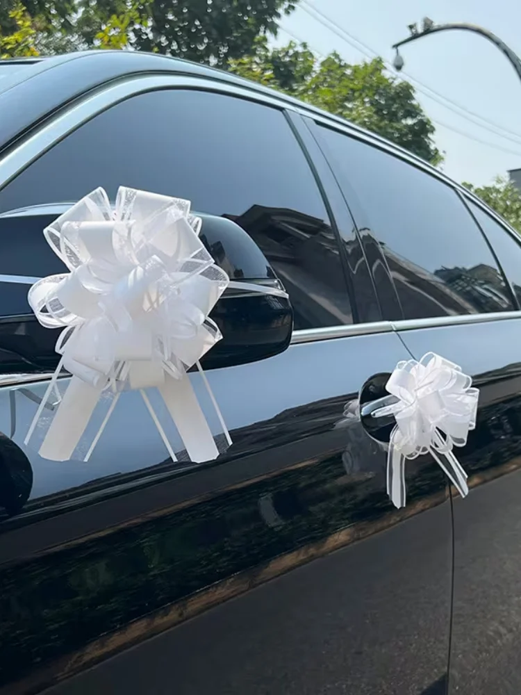 8 grote plastic strikken met trekkoord - Elegante witte trouwautodecoraties, duurzame en herbruikbare decoratieve strikken - afbeelding 2