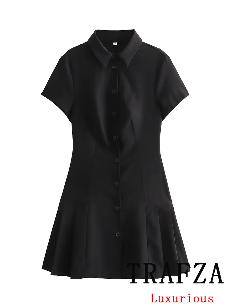 TRAFZA Vintage Chic Black Women Dress Solid Short Sleeve Straight Mini Vestidos Fashion 2024 Spring Office Lady Ruffles Dress