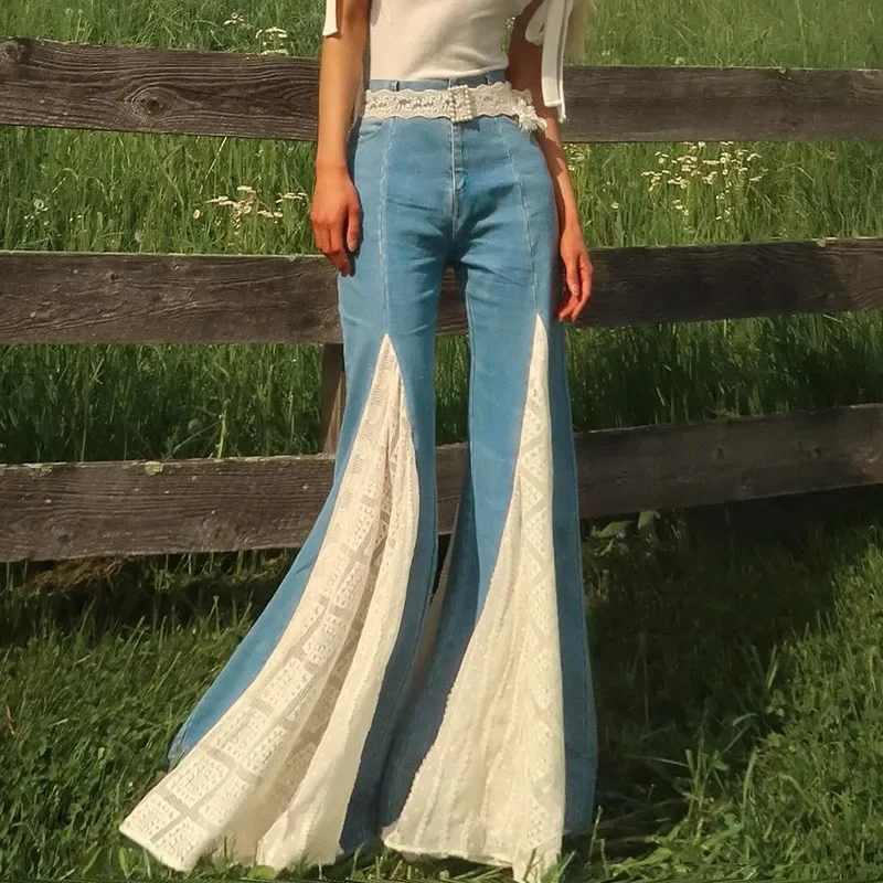 

Джинсы Y2K с французским кружевом, универсальные, в стиле пэчворк, ретро, расклешенные, облегающие, стройнящие, в стиле «спайси гёрл», микро-клеш