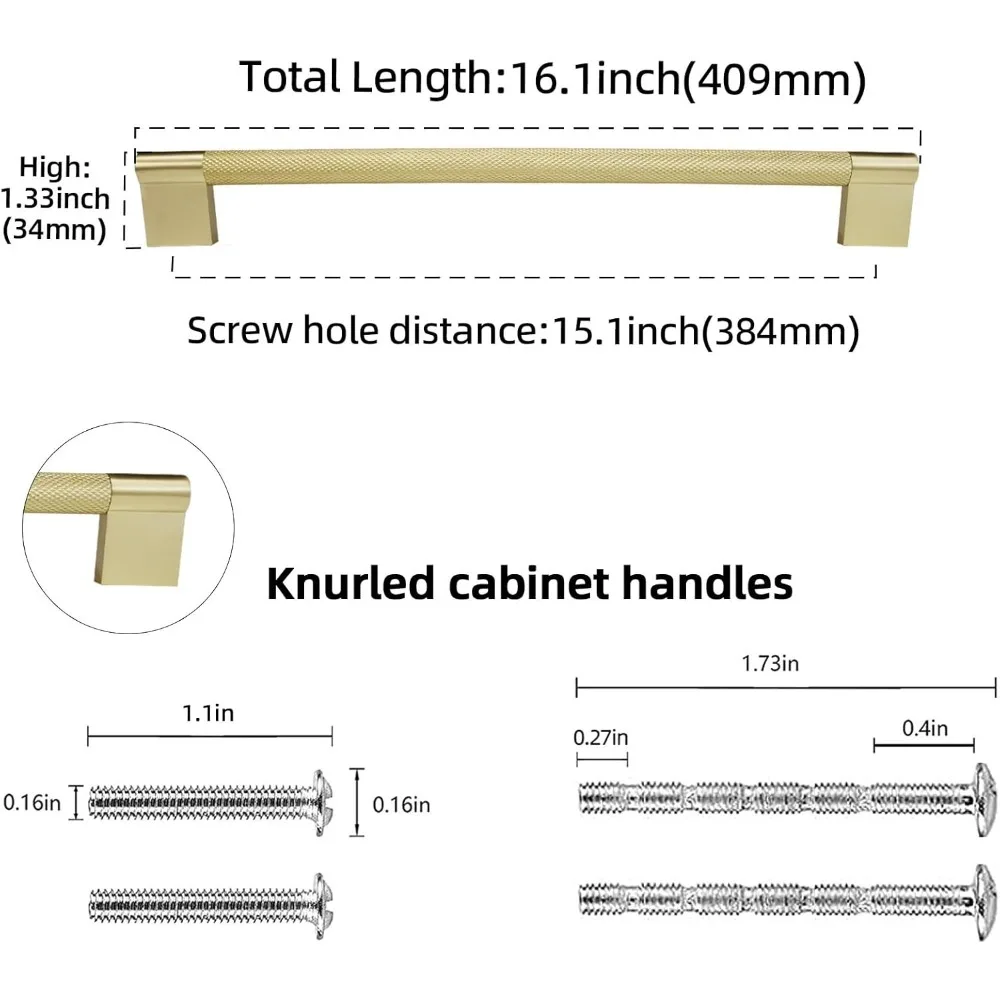 15 Inch Brushed Brass Kitchen Cabinet Handles - Knurled Gold Pulls for Drawers and Doors, Premium Kitchen Hardware
