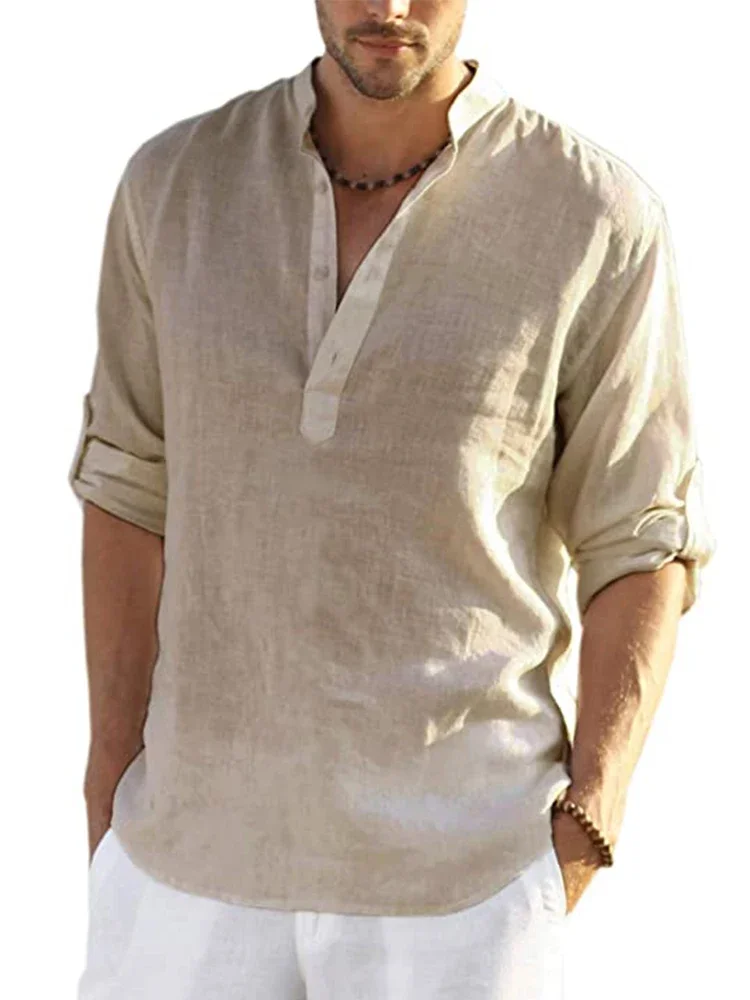 Nouveaux hommes Blouse décontractée coton lin chemise hauts amples à manches longues t-shirt printemps automne décontracté belles chemises pour hommes