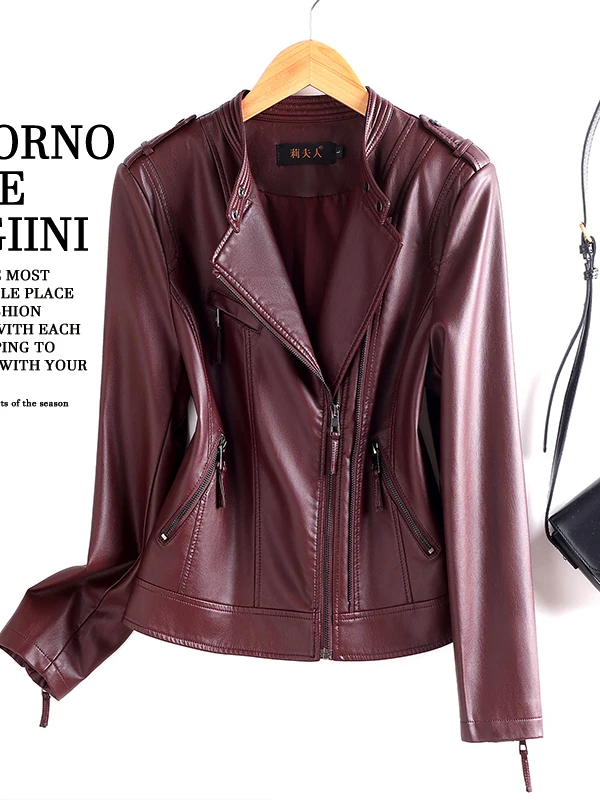 

Весенне-осеннее новое женское джато из натуральной кожи на молнии, облегающее мотоциклетное кожаное пальто больших размеров