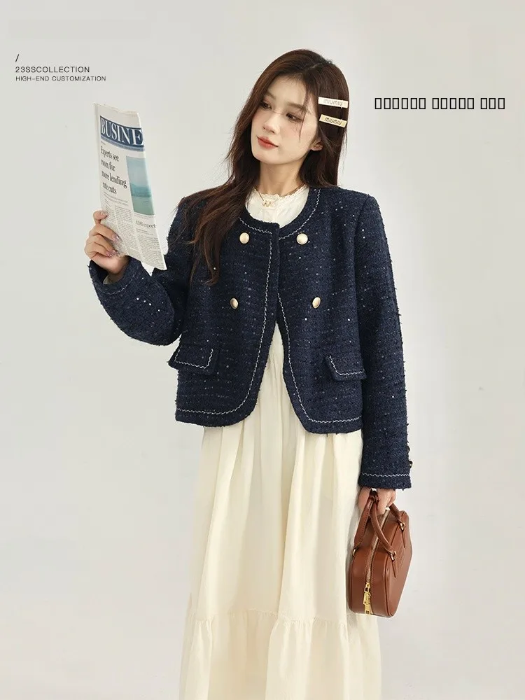 

Женское джинсовое пальто Slim Fit синего цвета, двубортное, для повседневной носки, модное, от китайского бренда, новинка осени 2025