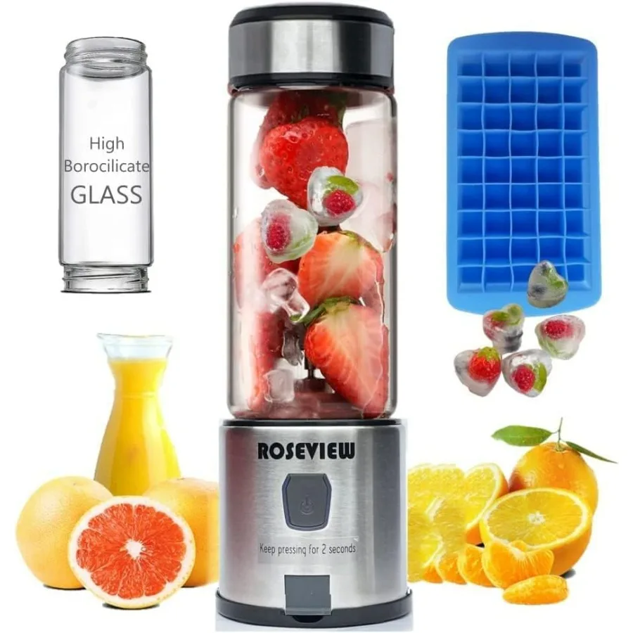 

Portable Smoothie Blender Glass Bottle USB Rechargeable Mini Handheld Ice Shakes Cup 2 Speed Blend Juicer Cordless Personal Smo