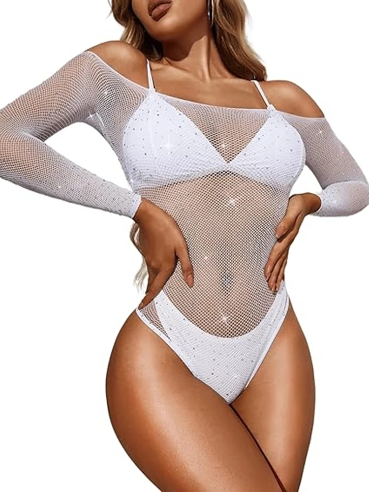 Sexy Diamonds Blue Bodysuit Women Slim Sexy Basic Skinny Bodysuit Fishnet Long Sleeve Lingerie Diamonds Outfits Hollow Out Top