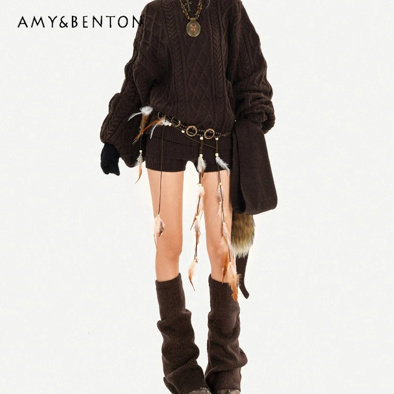 

Autumn Winter New Round Neck Loose Women's Sweater Original Retro Design Hot Girl Low Waist Knitted Shorts 3-Piece Set Ladies