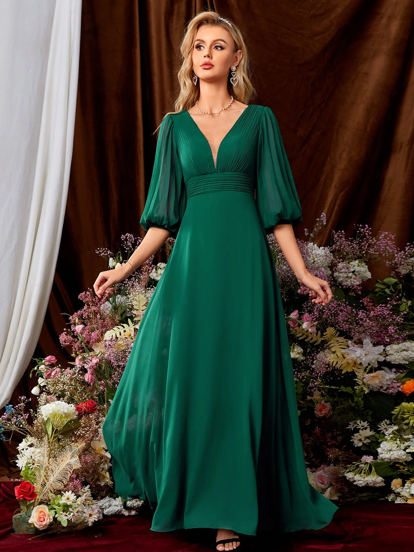 Unithorse Ruched Plunging Neck Lantern Sleeve Chiffon Bridesmaid Dress