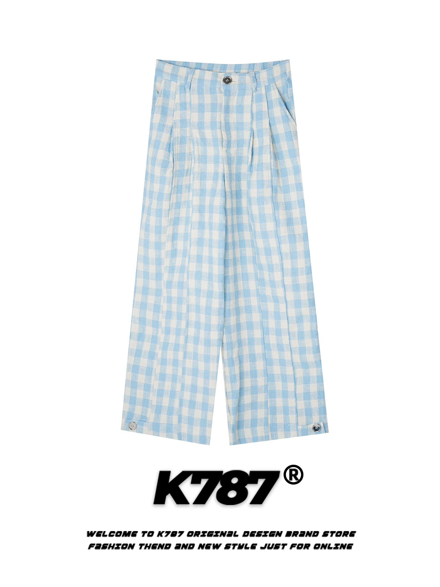 

K787 American Retro Blue Plaid Casual Pants Women Loose Drapey Plaid Casual Lazy Sle Straight Leg Wide Leg Pants