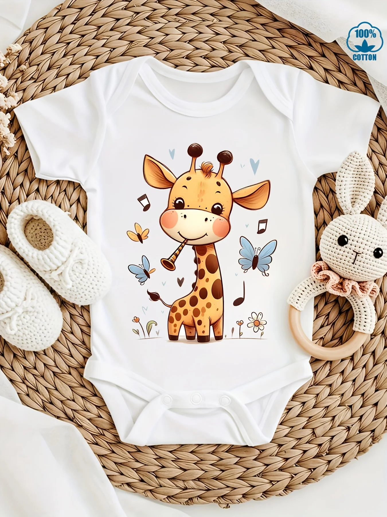 Cartoon Giraffe Baby Round Neck Short Sleeve Onesie Soft Breathable Easy Diaper Change Durable Snap Closure Perfect for Outdoor