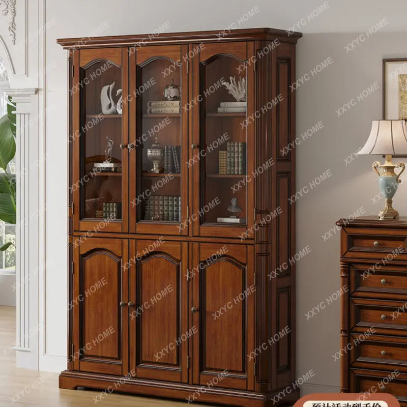 Solid Wood Bookcase with Glass Door Cabinet American Retro Domestic Three-Door Wall Storage Cabinet Living Room Locker