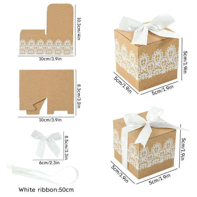 20pcs Lace Bow Candy Box Flower Kraft Paper Baby Shower Dragee Baptism Birthday Wedding Gift Box Mini Single Cake Box Packaging images - 6