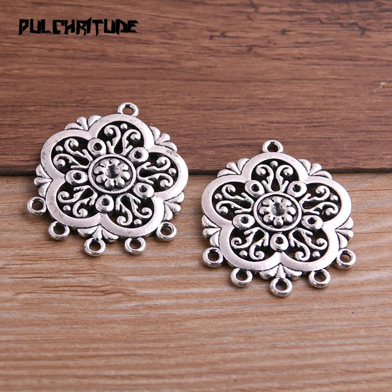 PULCHRITUDE 2pcs 32*40mm Two Color Zinc Alloy Vintage Round Hollow Flower Connectors Pendants Jewelry Making DIY Handmade Craft