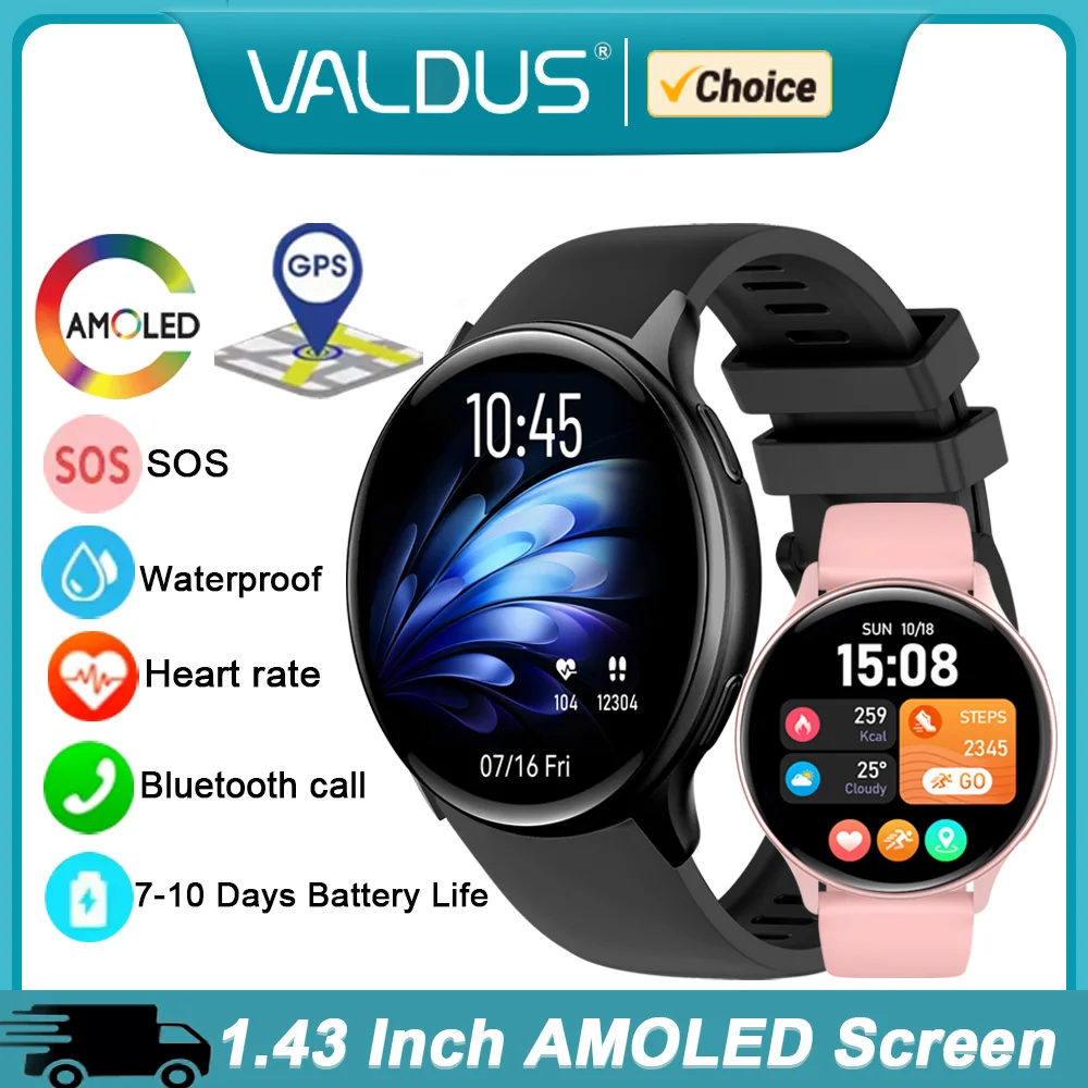 

VALDUS Новые Смарт-часы VG53 GPS для мужчин и женщин, спортивный трекер для фитнеса, водонепроницаемые, с длительным сроком службы батареи, 1,43 дюйма, AMOLED-часы для ios Android